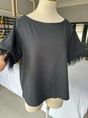 J. Crew Black Top with Feather Trim, size large